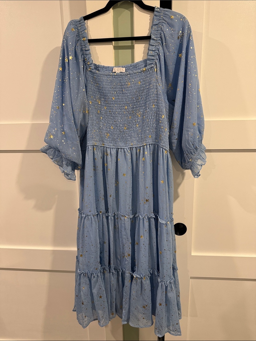 Ivy City Co Smocked Tiered Midi Dress with Gold Star Print - Blue
